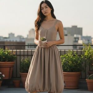 Lurdes Bergada Bubble Hem Midi Dress Taupe Stone 100% Lyoncell Size L NWT